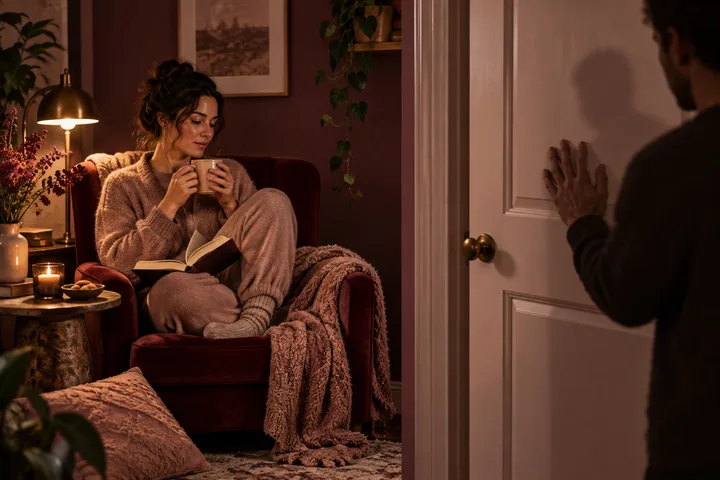 Woman in a burgundy chair reading with a mug while a man stands outside the partly open doorway with one hand raised.