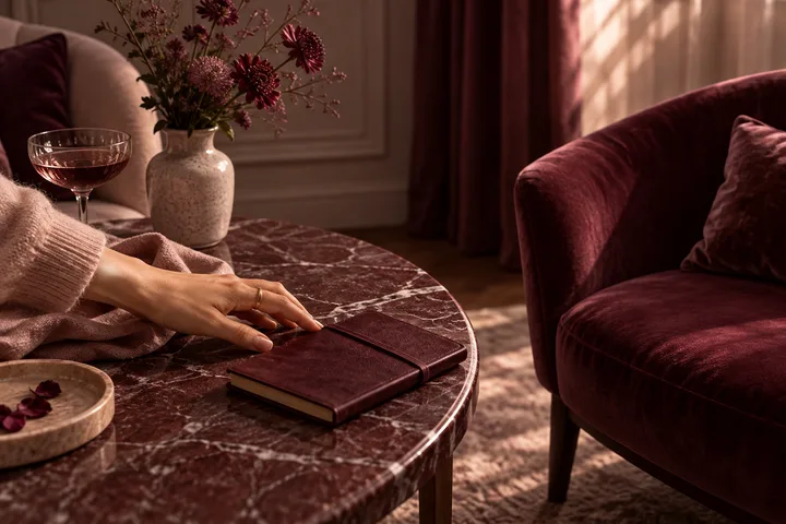 Close-up of a woman's hand resting beside a burgundy journal on a marble table, with a second empty chair in warm window light.
