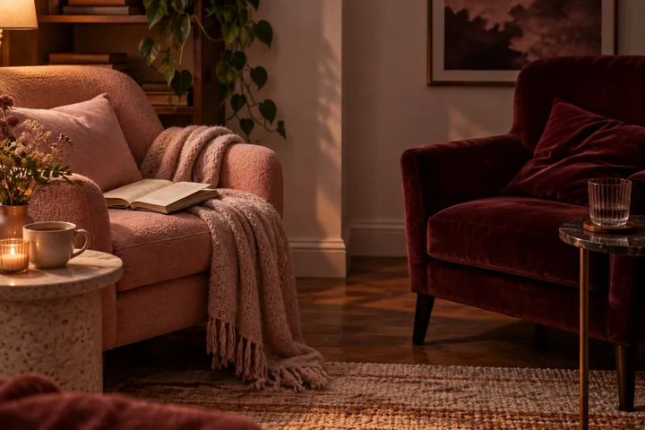 Two separate burgundy and blush armchairs sit across a softly lit room, with an open book, blanket, tea, and candle showing space held for two people.