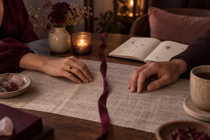 Two hands rest on opposite sides of a burgundy ribbon boundary on a warm table beside an illustrative astrology notebook.