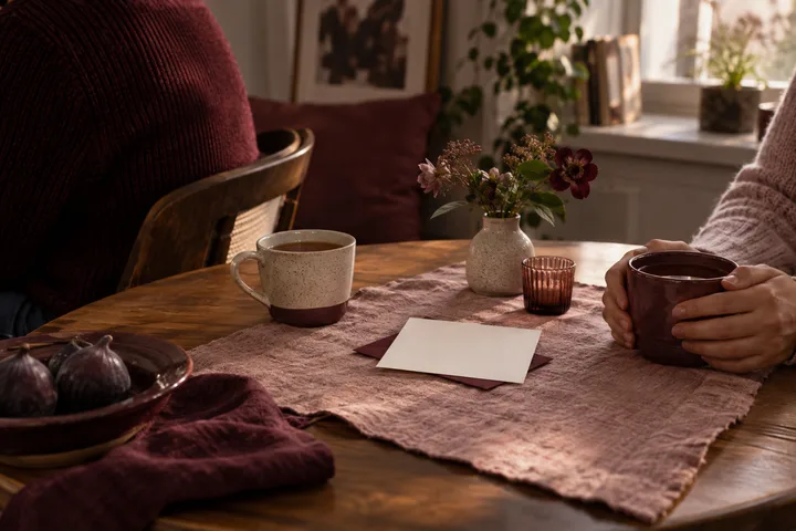 Two cups of tea sit apart on a blush linen table with a blank note, suggesting a respectful pause after a boundary conversation.