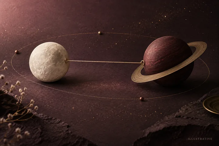 An illustrative ivory Moon and burgundy Saturn are connected by a taut thread on a textured plum backdrop, labeled illustrative.