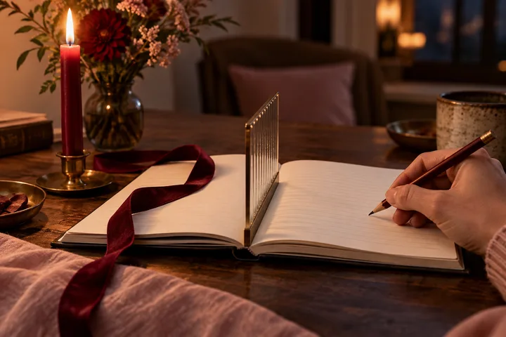 A pencil pauses on an open notebook beside a candle and a vertical glass divider, evoking desire meeting a boundary.