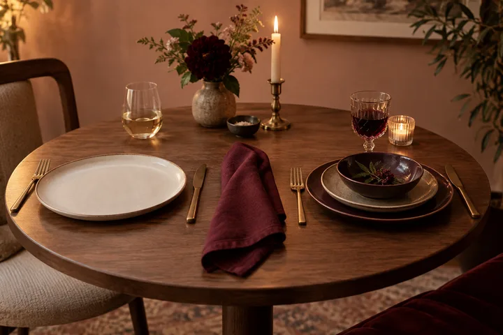Two contrasting dinner place settings share a burgundy napkin, suggesting different relationship values and pace.