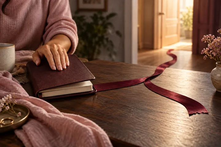 A hand closes a burgundy journal beside a forked ribbon path leading toward a warmly lit doorway, symbolizing a clear relationship decision.