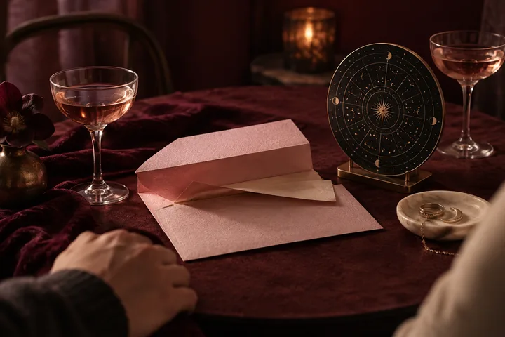 Burgundy tabletop with an open envelope, two hands, and an illustrative astrology chart beside two wine glasses, evoking a private conversation entering a social circle.