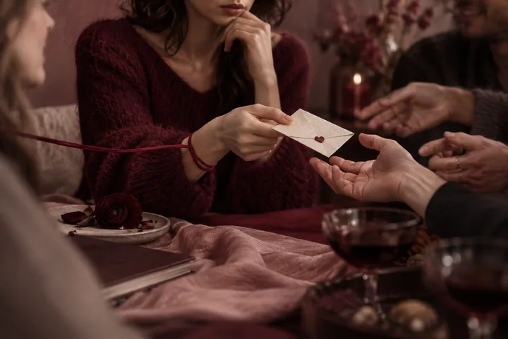 A woman in burgundy holds a sealed envelope while two friends reach toward it, a visual metaphor for deciding who gets access to private relationship details.
