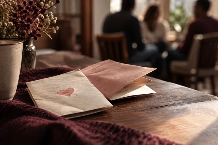 An open blush envelope rests on a sunlit table while a blurred group talks in the background, showing how a private story can acquire an audience.