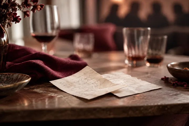 Handwritten pages and several glasses sit on a burgundy table before a shadowy gathering, suggesting a relationship story being discussed beyond the couple.