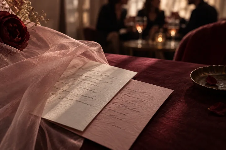 Two overlapping handwritten letters lie under blush fabric near a softly blurred dinner group, symbolizing a boundary conversation and the repair of trust.