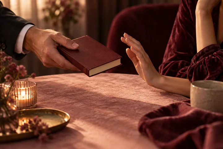 Editorial illustration accompanying: What should I notice if a man wants me to adopt his religion before he will commit?