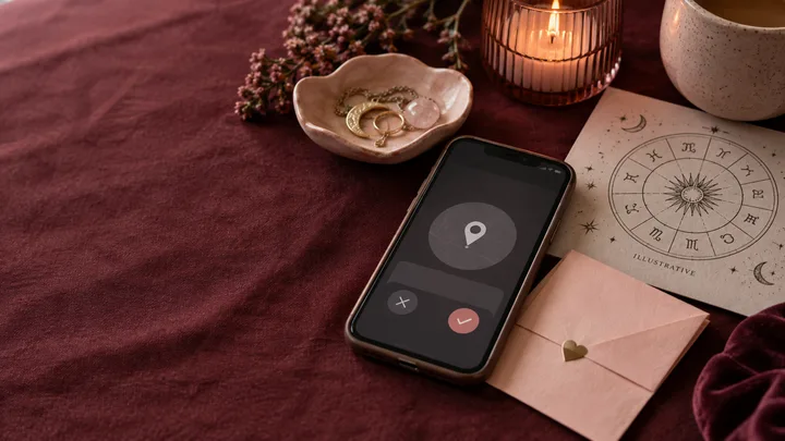 Phone with a location pin beside an illustrative zodiac wheel and a pink envelope on burgundy fabric.