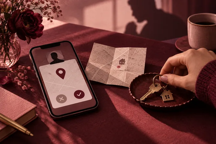 Phone and folded map with location pins beside a hand holding house keys on a burgundy table.
