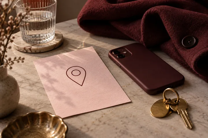 Pink location card, burgundy phone, and house keys beside a glass of water and folded coat.