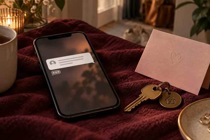 Phone with blurred message bubbles beside a pink heart envelope and house keys on a burgundy blanket.