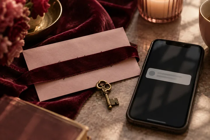 Phone with a blurred message bubble beside a pink envelope, burgundy ribbon, and brass key.