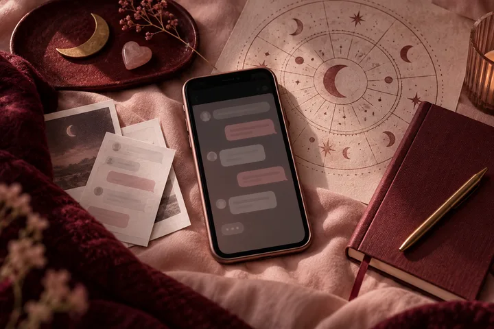 Burgundy still life of a phone, sealed envelope, and illustrative star chart representing a private dating-app record.