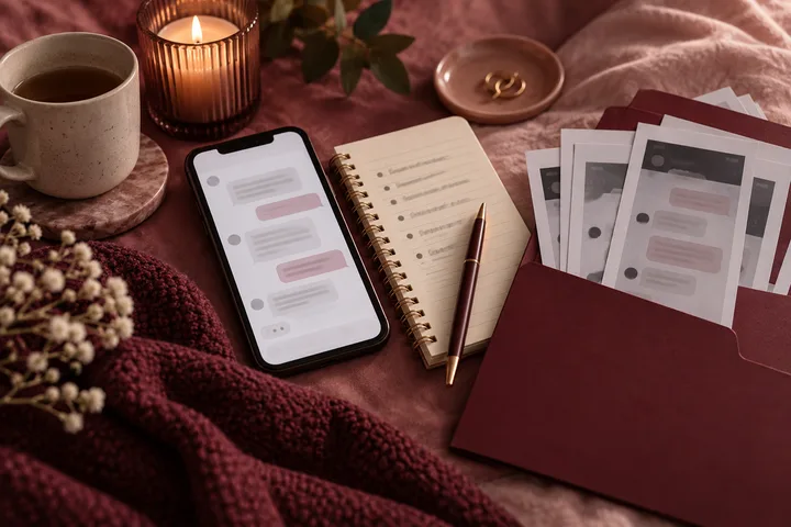 Top-down burgundy still life of a phone beside a handwritten incident timeline and numbered evidence cards.