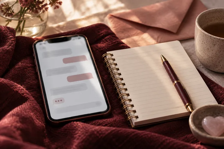 Burgundy and blush still life of a phone with blurred messages beside an open lined notebook, pen, folded fabric, flowers, and a cup.