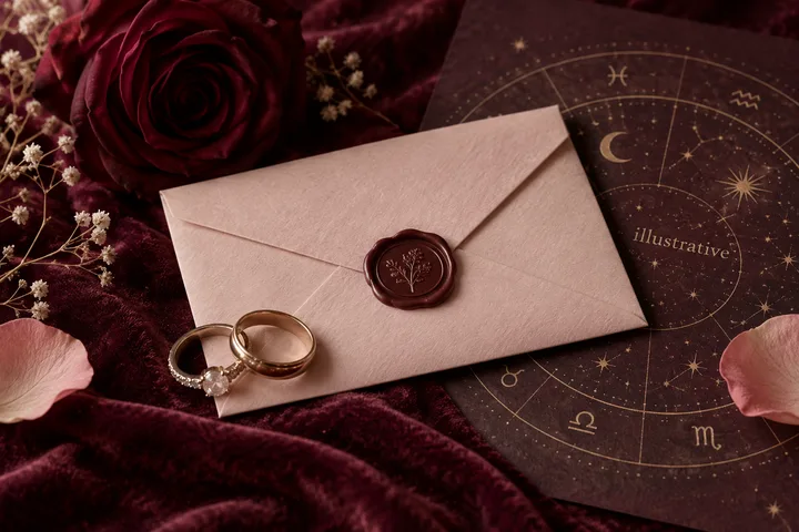A pale envelope with a dark wax seal and two rings rests beside a burgundy rose on velvet, over a starry zodiac circle marked ‘illustrative.’