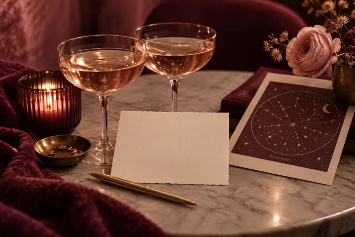 Two stemmed glasses, a blank card and pen, a lit candle, a pink flower, and a circular star chart marked illustrative sit on a table.