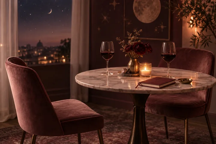 Two burgundy chairs face a round marble table with two wine glasses, flowers, a lit candle, and a closed book; a moon artwork and city lights are visible behind them.
