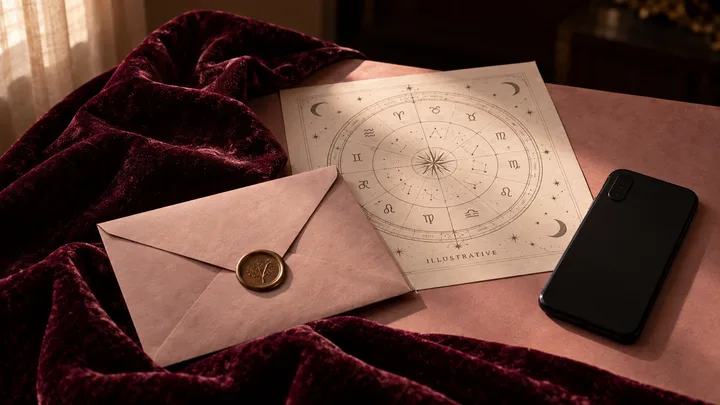 An open phone rests beside a sealed envelope and an illustrative star chart in burgundy light, marking a pause before trusting an unseen romantic contact.