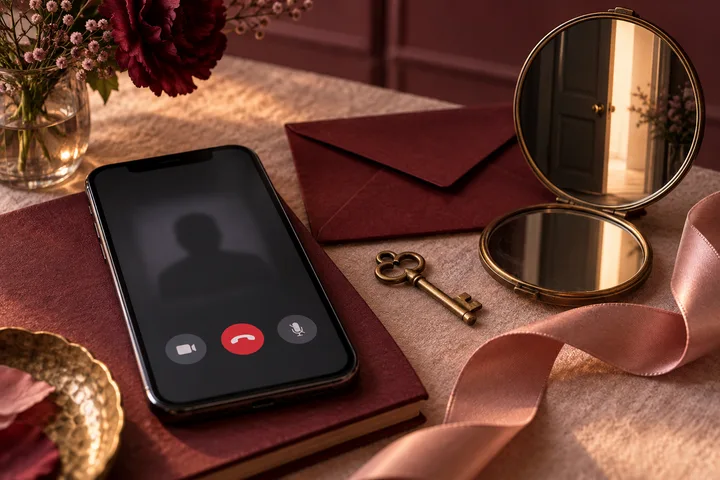 A phone with video-call controls rests beside two mirrors, a key, and sealed envelopes in burgundy light.