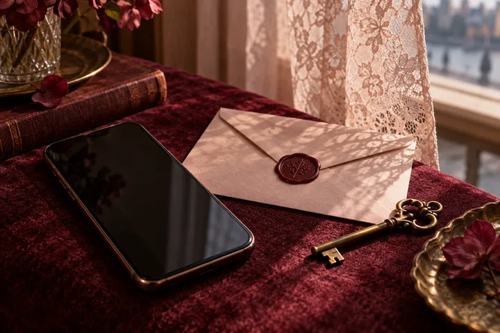 A dark phone rests beside a sealed envelope, an ornate key, and a book in window light.