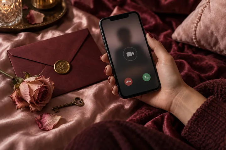 A hand holds a phone with a blurred caller above roses, envelopes, and an ornate key.