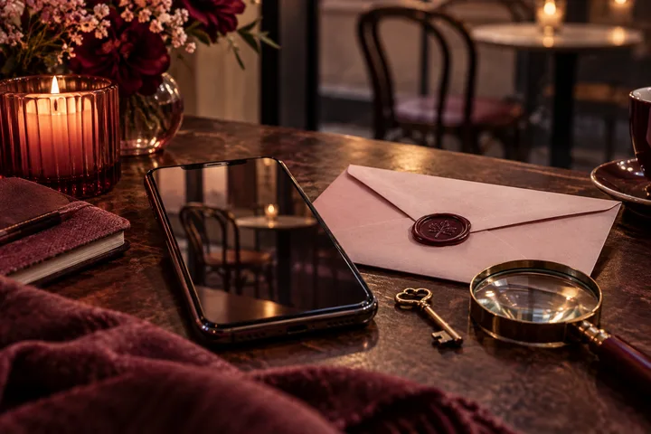 A phone, sealed envelope, ornate key, and magnifying glass sit on a candlelit café table.