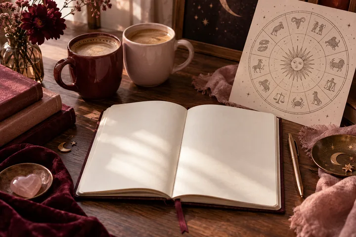 An open blank journal on a wooden table beside two mugs, a zodiac wheel illustration, flowers, a pen, and a heart-shaped stone.