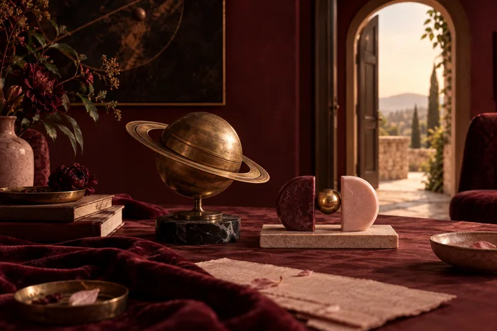 A brass Saturn ornament beside balanced burgundy and blush forms, with a sunlit doorway suggesting a shared future.