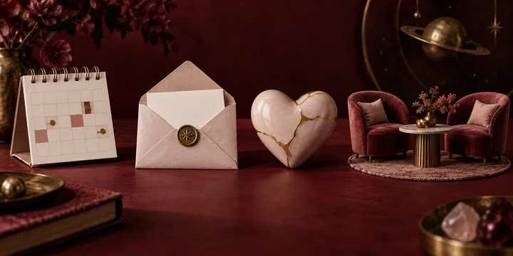 A calendar, open envelope, repaired ceramic heart, and two chairs around a table symbolize planning, disclosure, repair, and inclusion.