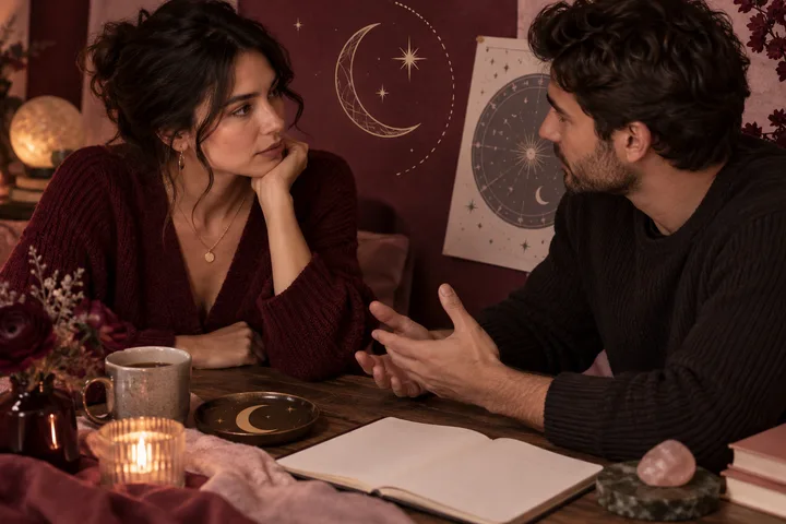 A woman rests her chin on her hand as a man gestures across a table, with a crescent moon and circular star chart on the burgundy wall behind them.
