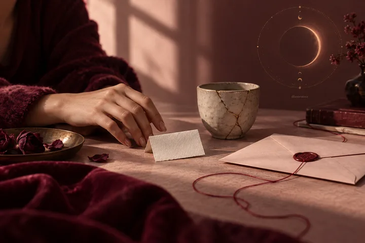 A woman's hand rests near a blank card, sealed envelope, and cracked ceramic cup beneath an illustrative crescent chart motif in burgundy light.