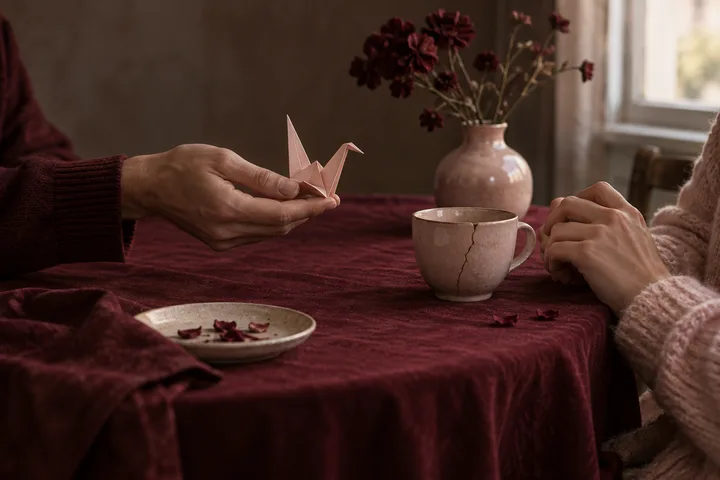 Two people sit across a burgundy-covered table as one offers a pink origami crane and the other listens beside a cracked ceramic cup.