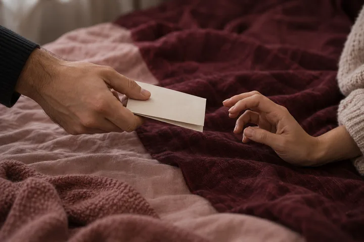 A man's hand offers a blank envelope toward a woman's open hand across rumpled burgundy and blush bedding.