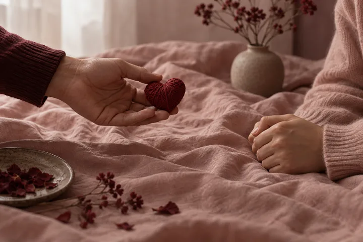 A man's open hand offers a small burgundy yarn heart while a woman keeps her hands folded nearby on blush bedding.