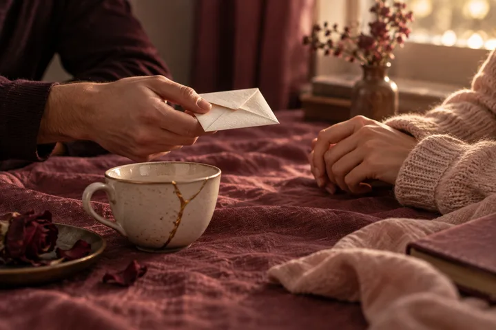 A man holds a sealed envelope toward a woman seated at the edge of a bed, with a cracked ceramic cup in the foreground.