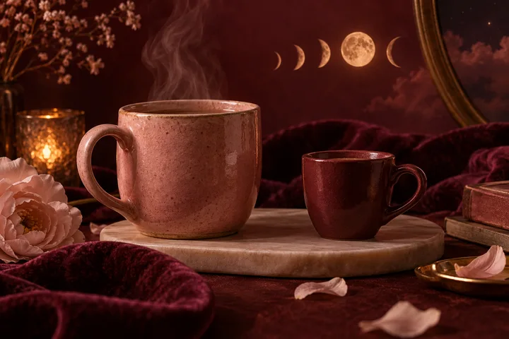 Two ceramic cups sit on a wooden tray amid burgundy fabric and pale flowers, with steam rising beneath a row of moon phases on the wall.