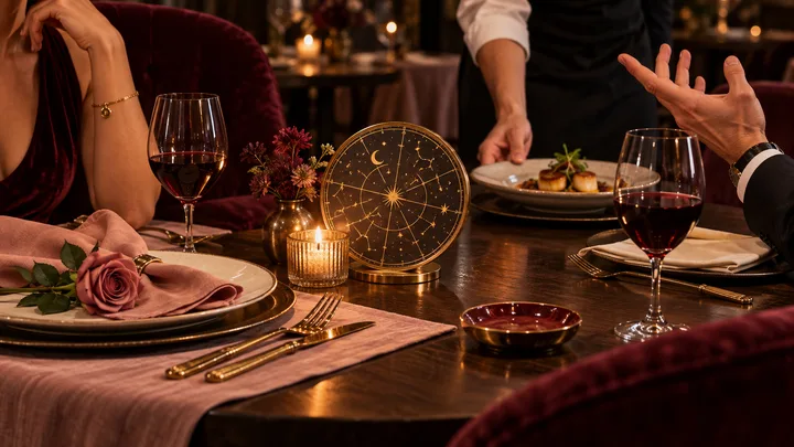 An intimate burgundy restaurant table with a blush rose, candle, illustrative brass astrology disk, and a server setting down a plate as a diner gestures impatiently.