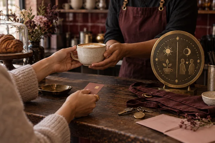 A café worker and customer exchange a ceramic cup across a wooden counter beside an illustrative brass disk symbolizing daily service and partnership.