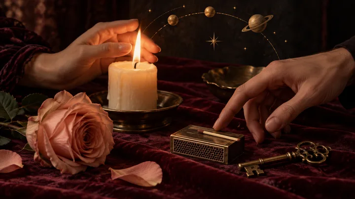 A blush rose, candle, match striker, brass key, and two hands create a tactile still life about attraction, impulse, and restraint.