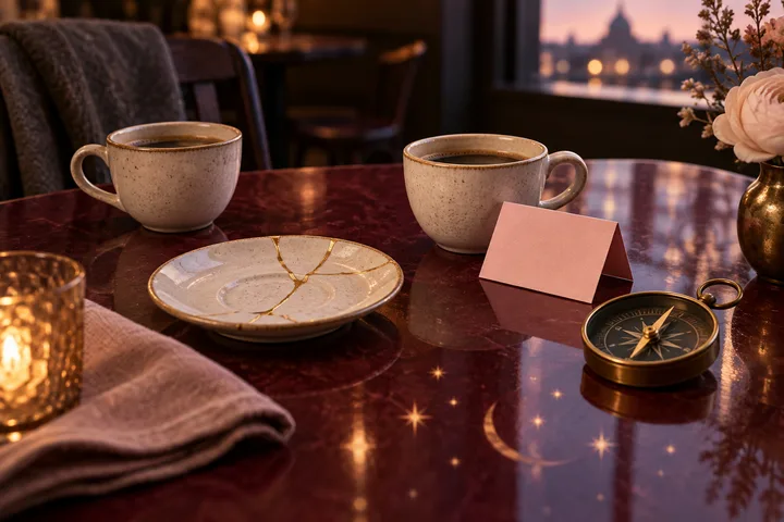 Two coffee cups sit apart beside a blank blush note, a gold-repaired saucer, and a compass in a burgundy café scene about boundaries and repair.