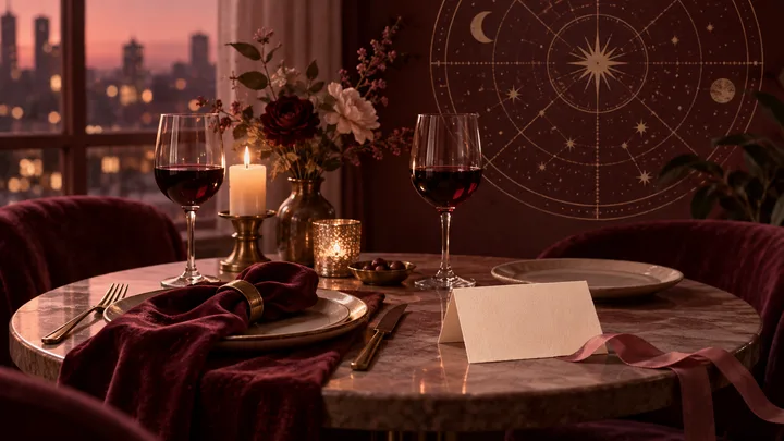 Romantic burgundy dinner table with two wine glasses, one unresolved blank invitation, candlelight, and a generic illustrative celestial chart in the background.