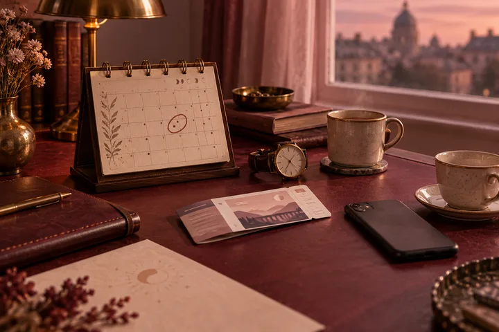 Burgundy writing desk with an abstractly marked calendar, watch, travel ticket, face-down phone, and two cups, illustrating a specific plan versus waiting.