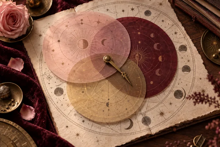 Close-up of three translucent blush, burgundy, and brass illustrative astrology layers over a generic celestial wheel, representing emotion, desire, and responsibility.