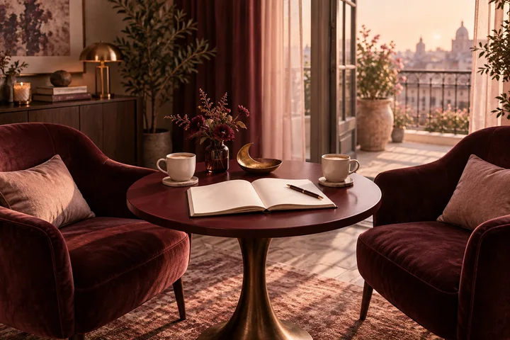 Two burgundy chairs face each other across a table with an open blank notebook, pen, two cups, and bright morning light, suggesting an honest relationship conversation.