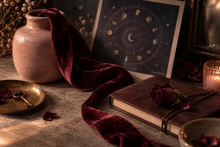 A ceramic vase, burgundy velvet ribbon, closed book with a rose, brass key, candle, and an illustrative circular star chart arranged on a tabletop.